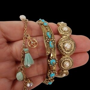 Bundle of 3 Boho Bracelets: gold tone with pearl and turquoise accents